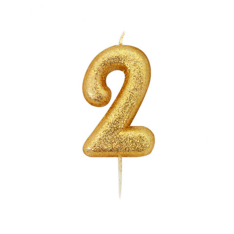 Birthday Candle - Number 2 Glitter Gold Pick