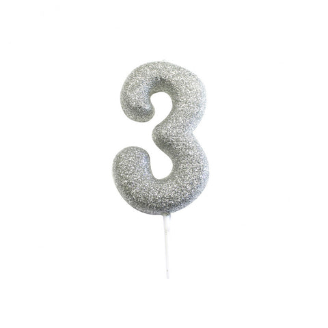 Birthday Candle - Number 3 Glitter Silver Pick