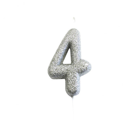 Birthday Candle - Number 4 Glitter Silver Pick