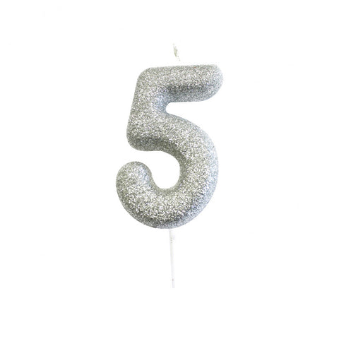 Birthday Candle - Number 5 Glitter Silver Pick