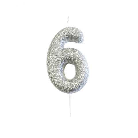 Birthday Candle - Number 6 Glitter Silver Pick