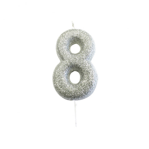 Birthday Candle - Number 8 Glitter Silver Pick